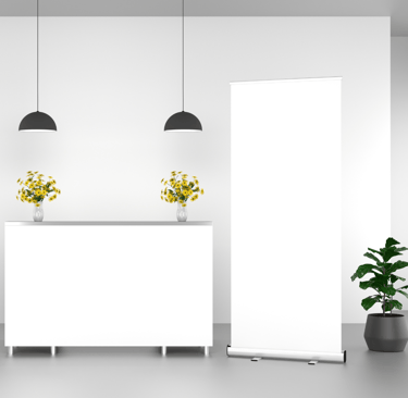 a white reception table with a plant in front of it