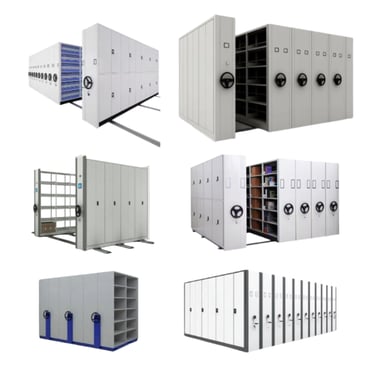 a bunch of mobile shelving & archiving room mechanism & mobile archive lockers