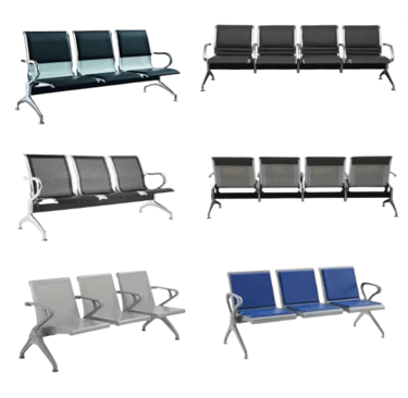 a group of four chairs with chairs and a bench