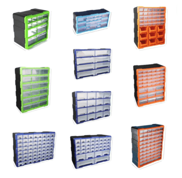 a variety of plastic storage boxes with many different colors