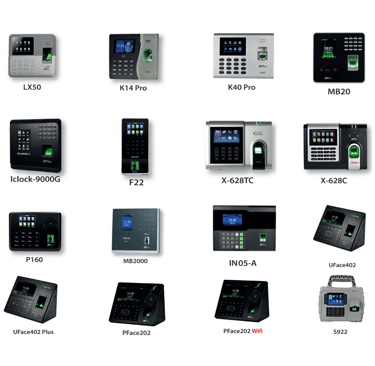 a bunch of different types of access controls and time attendance devices from ZK TECO Brand