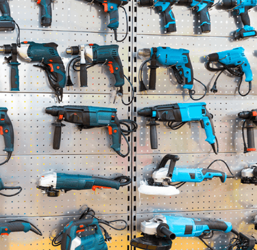 a bunch of tools on display in a store