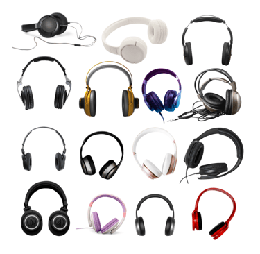a variety of headphones and headphones on a white background