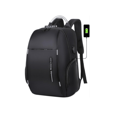 a black backpacker with a charging cable and a charger