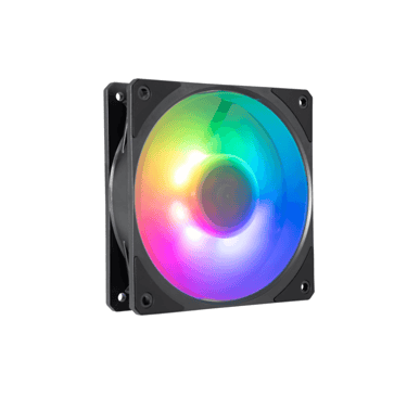 a computer cooling fan with a rainbow colored light on it
