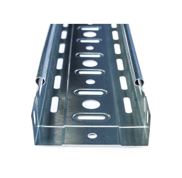 a metal cable tray with holes in the middle of it