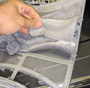 Dryer lint filter, a man cleans it