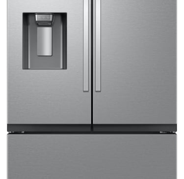 A samsung stainless steel french door refrigerator with a water and ice dispenser.