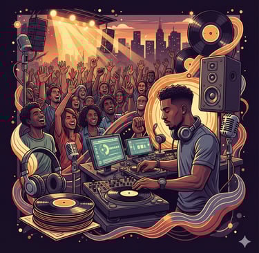 Professional DJ mixing vinyl records at a live music concert with a cheering crowd and city skyline background.
