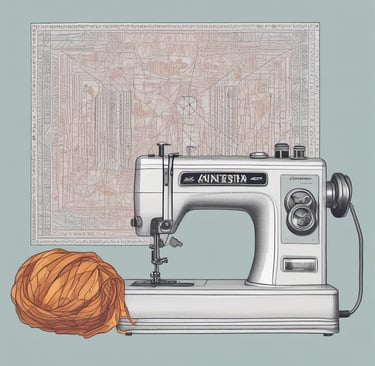 A cluttered workshop filled with various tools, fabrics, and materials. Shelves are lined with spray cans, paint, and folded pieces of clothing. A sewing machine is positioned on the central worktable, with a person sitting and working nearby. The walls are adorned with artworks, hanging garments, and organized racks of clothing.