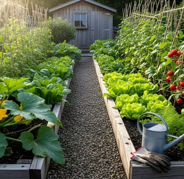 A vibrant organic vegetable garden with raised beds, using worm castings.