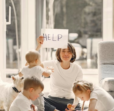 a woman holding a sign that says help