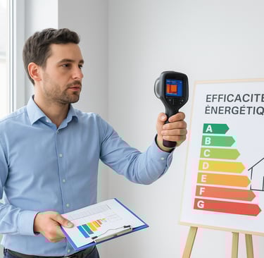 un technicien qui fait une étude efficacité énergetique dpe test pour comprendre