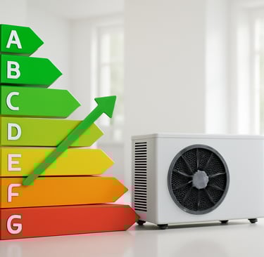 image d'une pompe à chaleur avec les classements DPE