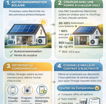 infographie autoconsommation solaire pompe à chaleur et courtage élec payer moins