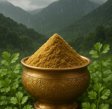Golden Navann Coriander Powder in bowl - Vakkratunda Exotic Blends