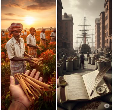 Indian farmers harvesting spices + European ships/warehouses overflowing with sacks.