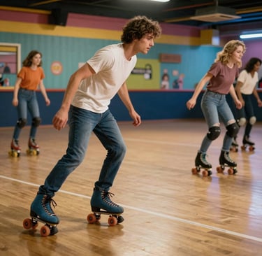 blue-and-white roller skates