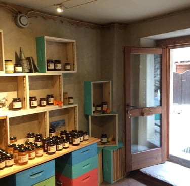 Interno del negozio di Chianale della Mieleria Garnero con alveari come scaffali