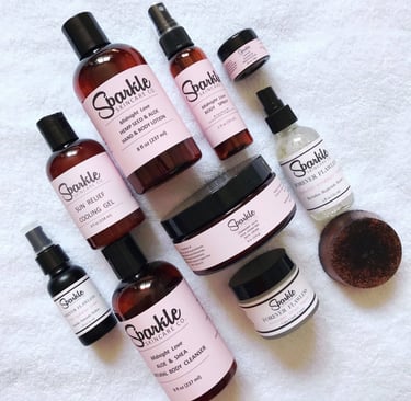 a variety of beauty products including a bottle of sparkle