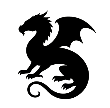 Black silhouette of dragon with curled tail and wings