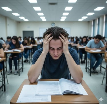 Etudiant stressé en salle d'examen qui tient sa tête dans ses mains 