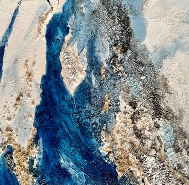 Peinture abstraite série passagère - tons bleus et ocres reliefs - Caroline Blanc