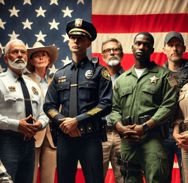 Image of law enforcement leaders standing in front of the American Flag