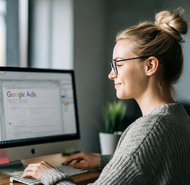 A photo of a person working on Google Ads with a satisfied expression.
