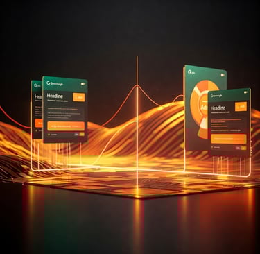 Futuristic digital marketing dashboard interface displaying glowing orange graphs and data points wi