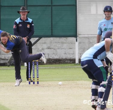 Stephen Bunting of Woodvale bowls to Ryan Hunter of CSNI, courtesy of CricketEurope