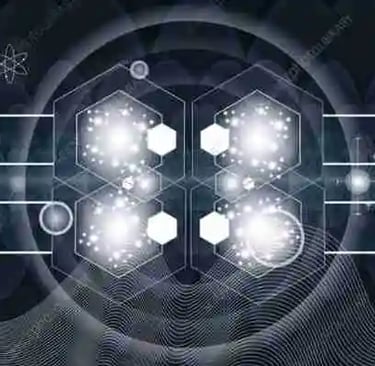 Abstract digital background featuring hexagonal shapes, glowing particles, and neural network data symbols.