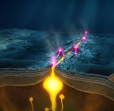 Cross-section of mid-ocean ridge showing tectonic plates separating and magma rising