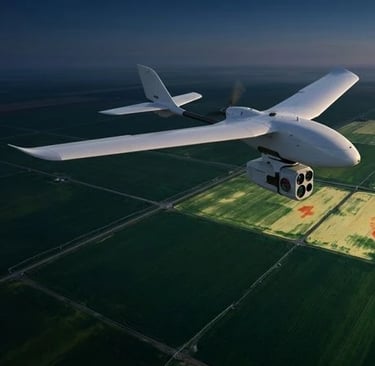  Fixed wing drone in flight carrying multispectral sensor over agricultural field