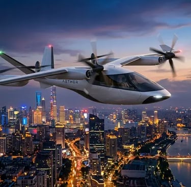 Conceptual eVTOL aircraft in urban flight representing Tesla electric aviation future