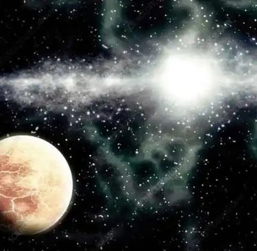 A desert planet with a cracked surface orbits a bright star within a glowing nebula and star field.