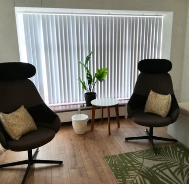 Therapy room with two chairs and a table.