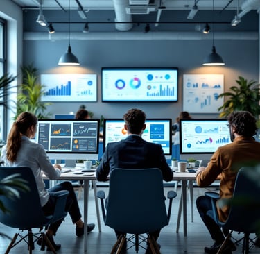 Équipe d’une PME travaillant dans un bureau moderne avec des écrans affichant des tableaux de bord ERP et CRM, préparant les 