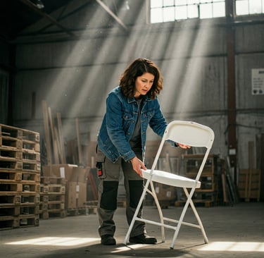 mujer inspeccionando una silla para su evento
