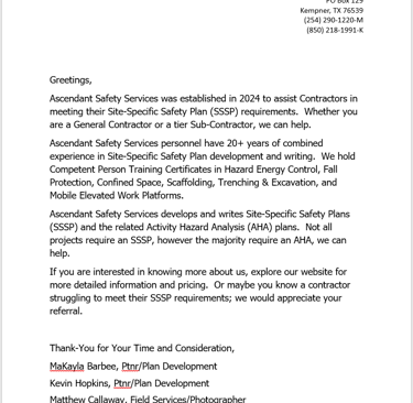Ascendant Safety Services Introductory Letter
