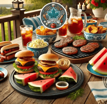 Burgers, hot dogs, iced tea, and watermelon on a rustic deck table set for a Canadian summertime bbq