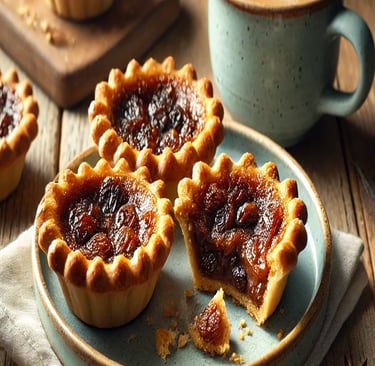 Rich Canadian, maple butter tarts in a flaky pastry, served warm on a rustic plate in a cozy kitchen