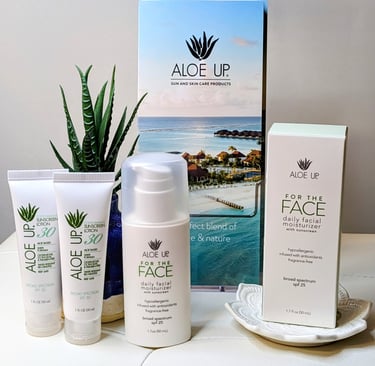 aloe up suncare products with a brochure and aloe plant