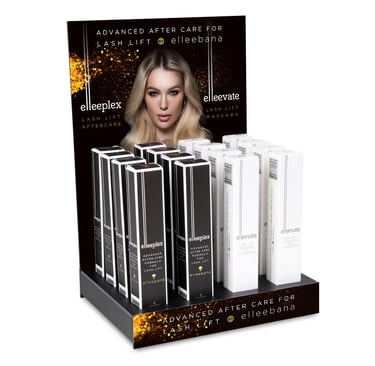 elleebana lash serum and elleevate mascara in a retail display case