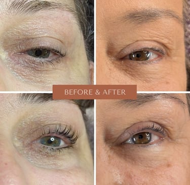 before and after images of a lash lift and tint