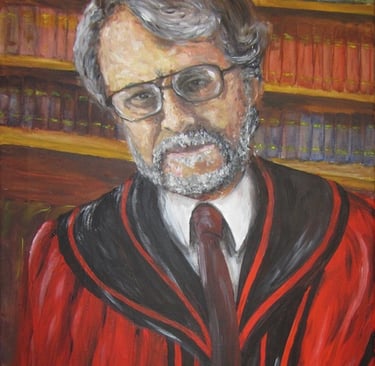 Portrait of Professor Phillip Murphy in academic robes; painted in acrylics with background reflecting wealth of learning