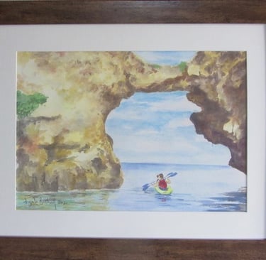 Watercolour painting by Angela Birchall of 2 canoeists paddling through cove called "Fairy Grotto"