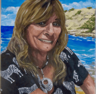 Commissioned portrait of a lady, taken from friend's photograph, painted in acrylics with background of her home in Spain