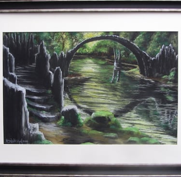 Soft pastel drawing of nighttime at the Devil’s Bridge in Saxony, Germany, by Angela Birchall