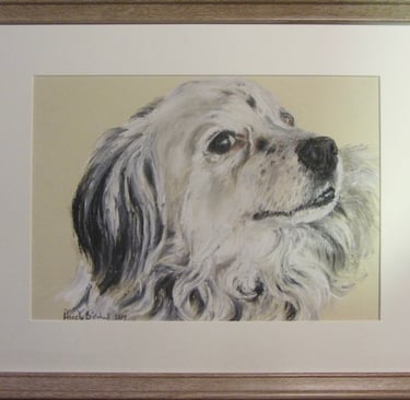 Commissioned portrait of fun-loving dog, taken from owner's photograph, drawn in soft pastel